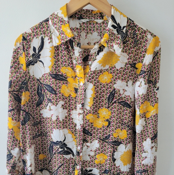 ZARA blouse green, burgundy w/ yellow floral print - Picture 1 of 6